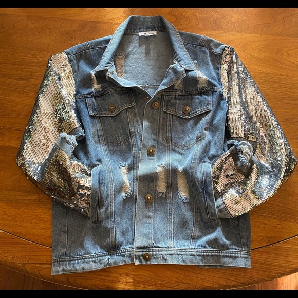 Distressed denim with sequined sleeves jacket - Picture 6 of 15